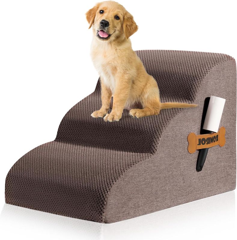 Photo 1 of Romrol Dog Stairs Ramp for Beds Couches, Extra Wide Pet Steps with Durable Non-Slip Waterproof Fabric Cover, Pets Slope Stairs, 3-Tiers,Coffee