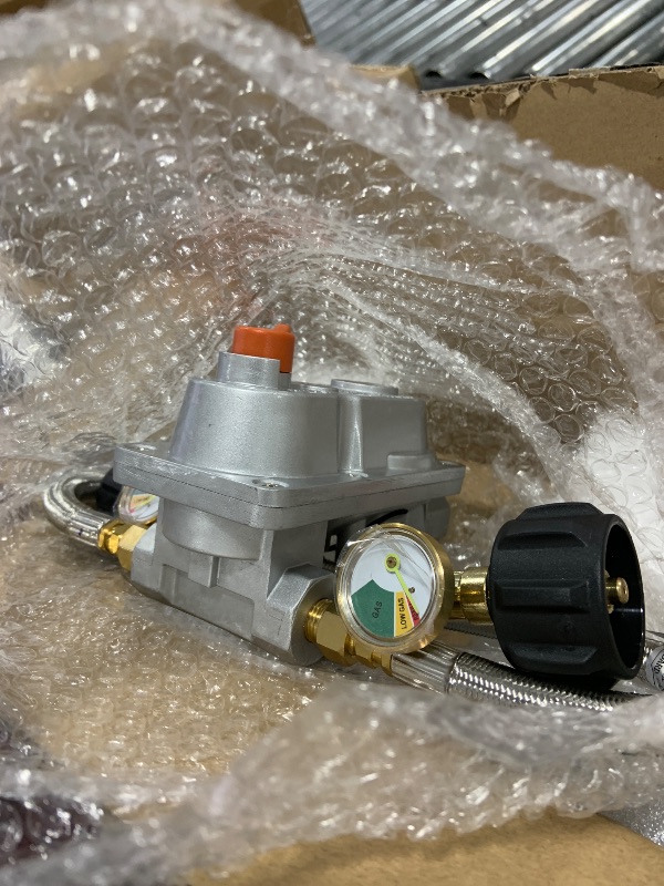 Photo 1 of Skyflame 2-Stage Auto Changeover Propane Gas Rv Regulator Kit with 2PCS Gauges and 12-Inch Braided Connection Hoses for Dual Propane Tank RV Trailers Camper