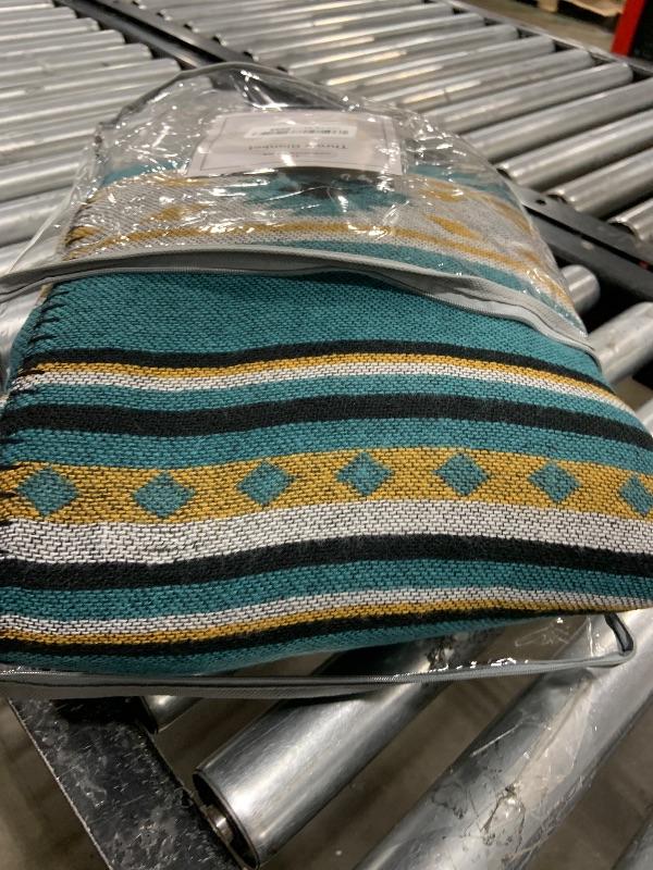 Photo 2 of Aztec Patterned Throw Blanket with Soft Sherpa Lining, Traditional Southwestern Navajo Tribal Style Warm Throw for Camping, Outdoor, Light Weight Cozy Boho Blanket for Couch, Sofa, Bed, 50”x60”, Teal