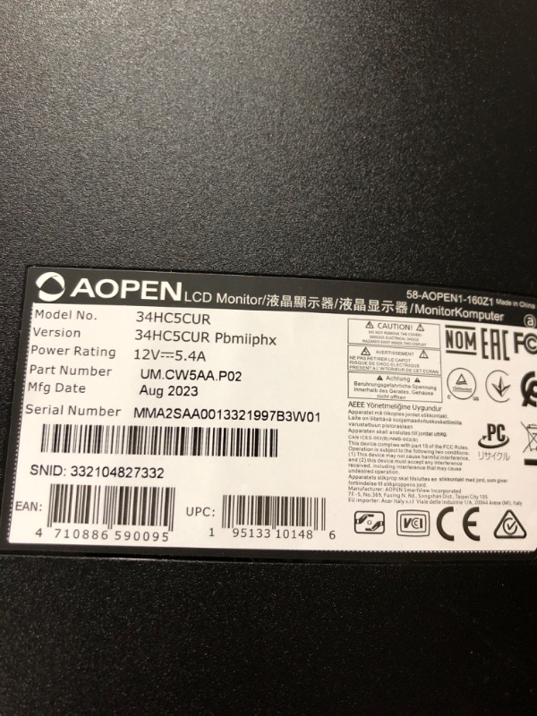 Photo 2 of AOPEN by Acer 34HC5CU S3bmiiphx 34" QHD 3440 x 1440 21:9 Curved Gaming Monitor | AMD FreeSync Premium | Up to 180Hz | 1ms TVR | Tilt & Height Adjustable | VESA Mountable | 1 x DP 1.4 & 2 x HDMI 2.0
