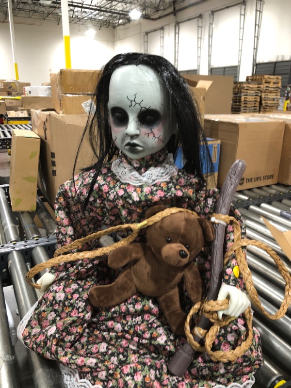 Photo 2 of Animatronics 4.5 Ft Hanging Swinging Doll Halloween Decorations with Sound & Sensor Activated, Creepy Sound, Light Up Eyes, Scary Move, Haunted House Decor Spooky Holiday Prop for Indoor, Outdoor