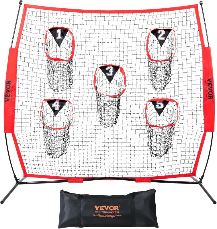 Photo 1 of VEVOR Football Trainer Training Practice 5 Target Pockets, Knotless Net Includes Bow Frame and Portable Carry Case, Improve QB Throwing Accuracy, Red
