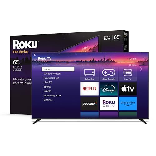 Photo 1 of Roku Smart TV – 65-Inch Pro Series 4K QLED RokuTV with Backlit Roku Voice Remote Pro, Dolby Vision IQ, 120Hz Refresh Rate – Live Local News, Sports, Gaming
