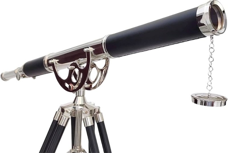 Photo 1 of Nautical Vintage Solid Brass Marine Black Leather Telescope Single Barrel Brass Chrome Finish & Black Tripod 65'' Handmade Telescope Looks Authentic Decor