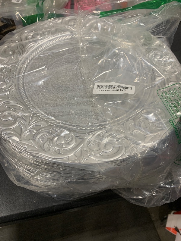 Photo 1 of Zhehao 50 Pcs Antique Charger Plates Bulk 13 Inch Embossed Rim Plastic Charger Plate Decorative Round Plate Chargers for Dinner Wedding Party Event Table Setting Decoration (Silver White)