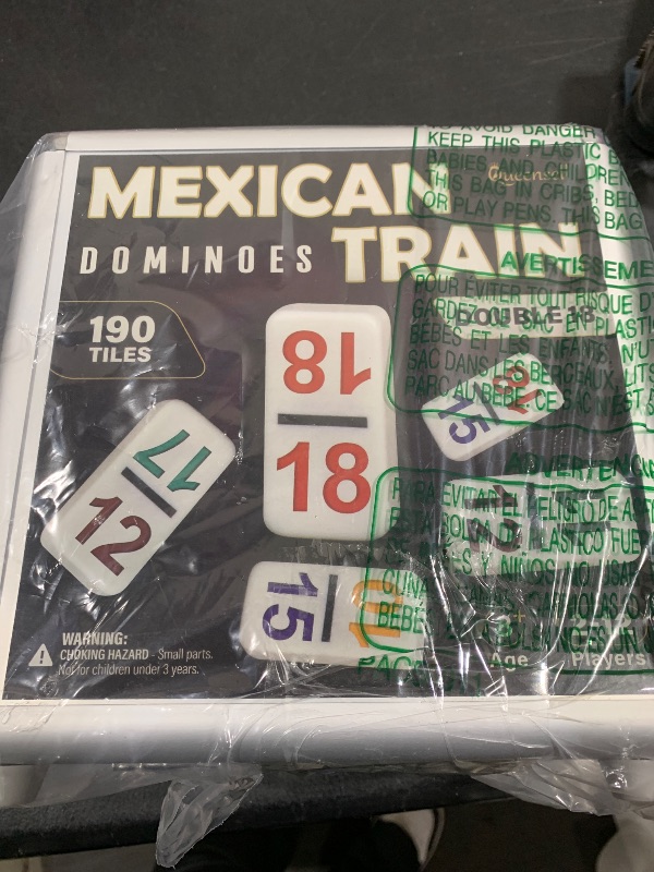 Photo 2 of Queensell Mexican Train Dominoes Set with Numbers - Double 18 Dominos Set for Adults and Kids - Mexican Dominoes Train Game Night Games for Adults with Wooden Hub and Aluminum Case