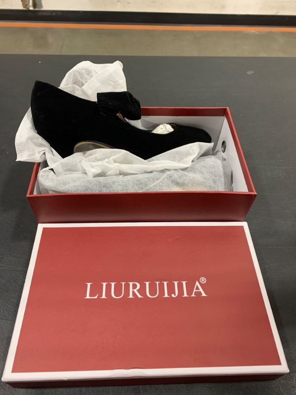 Photo 2 of LIURUIJIA Women's Mary Jane Kitten Heel Pumps Bow Round Toe Low Heels Ankle Strap Wedding Black Dress Evening Party Shoes Size 10.5