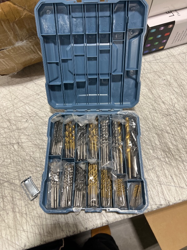 Photo 2 of Hi-Spec Drill Bit Set 130pc Multi SAE – 11 Sizes 1/16in to 3/8in – HSS Titanium, Masonry & Brad Point Steel Bits – Drill Bits for Metal, Wood, Plastic, Drywall, Brick & Concrete – with Tray Case