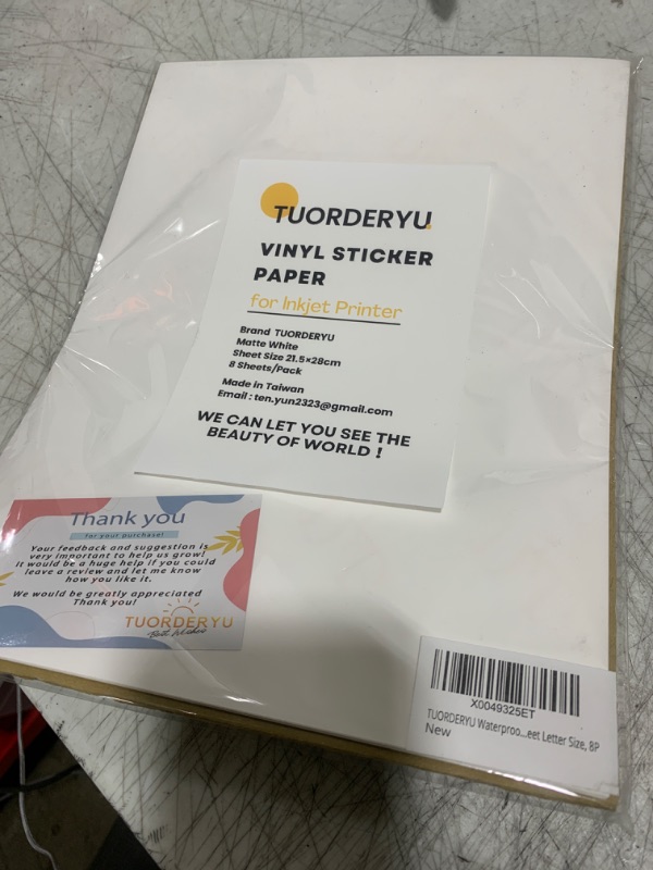 Photo 1 of TUORDERYU 8.5 x 11 Inch Printable Vinyl Sticker Paper for Inkjet Printer - 8 Sheets Matte White Waterproof, Vivid Color, Full Sheet Labels, Tear Resistant, Compatible with Cutting Machines