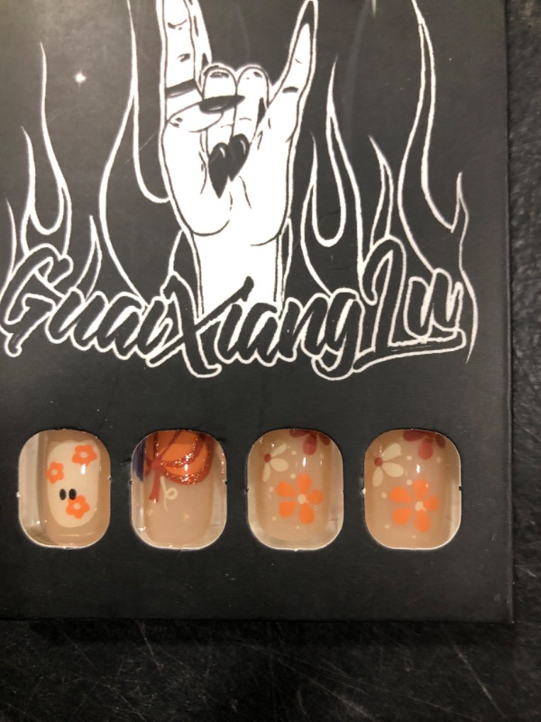 Photo 2 of 24Pcs Halloween Press on Nails Short Square Fake Nails with Orange Glitter Design Halloween Glue on Nails Full Cover Halloween Nails Stick on Nails for Women and Girls Halloween Nail Art Decoration