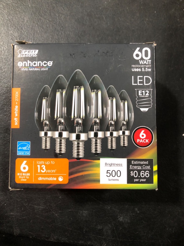 Photo 1 of Feit Electric 60W Equivalent Candelabra LED Light Bulb, Dimmable, E12 Base, 2700K Soft White, B10 Filament Torpedo Tip Decorative Lighting Bulbs, 13-Year Lifetime, CTC60/927CA/FIL/6, 6-Pack