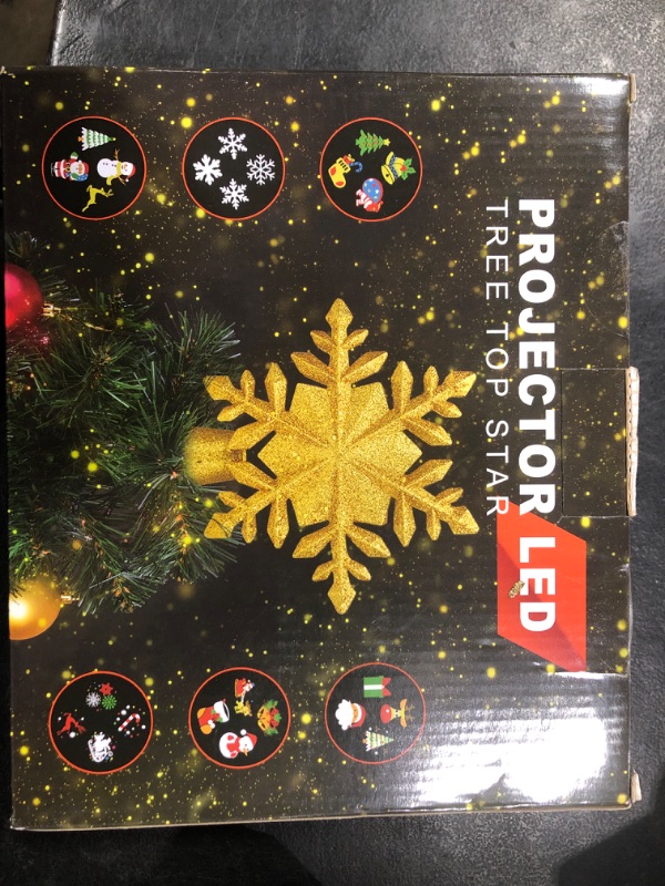 Photo 1 of BROSYDA Christmas Tree Topper Lighted, 3D Glitter Snowflake Tree Topper Built-in LED Rotating Lights with 6 Projection Modes, Striking Christmas Tree Decoration (Gold)