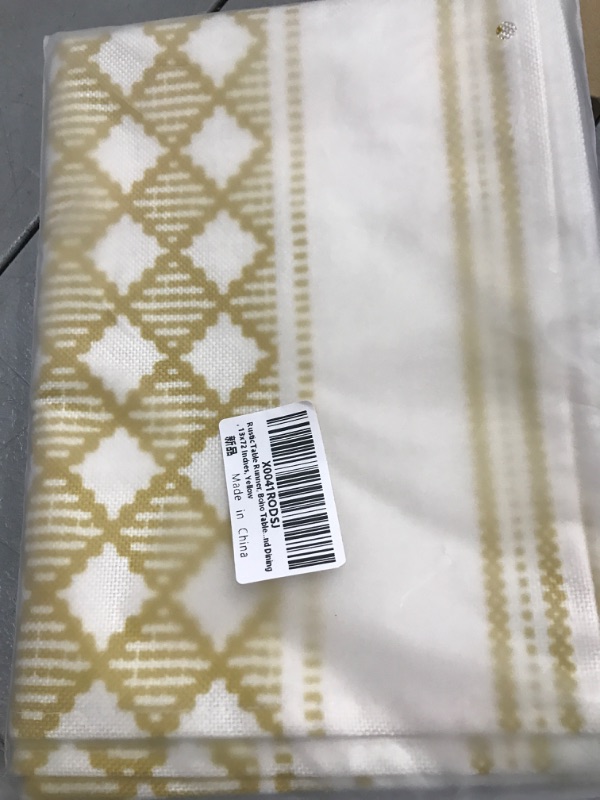 Photo 1 of Rustic Table Runner, Boho Table Runner for Modern Decor 72 Inches Long Linen Farmhouse Coffee Table Runne Stripe Grid Table Decoration for Holiday Party, Wedding and Dining, 13x72 Inches, Yellow