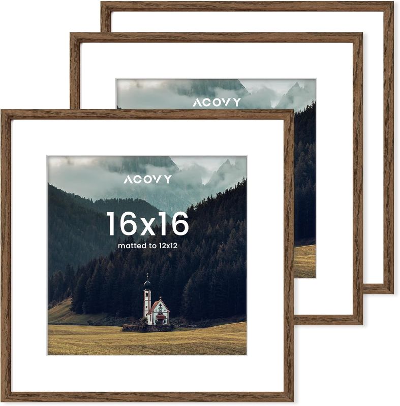 Photo 1 of 16x16 Picture Frame, 16x16 Square Picture Frame for Wall, 16x16 Frame Matted to 12x12, 16x16 Photo Frame with High Definition Plexiglass (Walnut, 3 Pack)