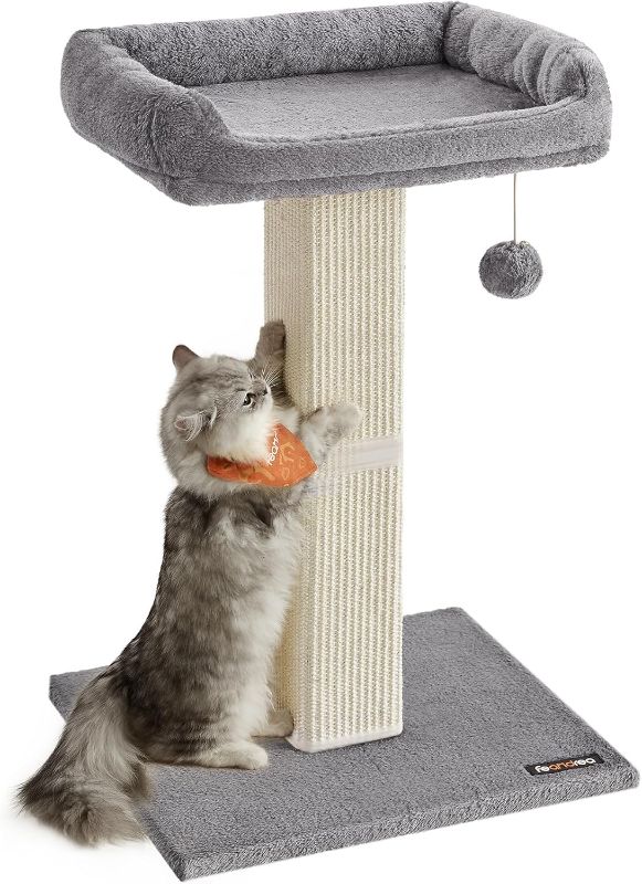 Photo 1 of Feandrea Cat Scratching Post, 27.9-Inch Cat Scratcher with 15.7 x 11.8 Inches Plush Perch, Tall Scratch Post with Woven Sisal, Pompom, Removable Washable Cover, Light Gray