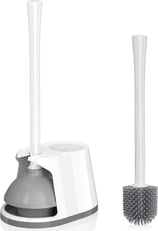 Photo 1 of Toilet Plunger and Brush Set, Silicone Bowl Brush and Heavy Duty Toilet Plunger with Ventilated Holder, 2-in-1 Toilet Brush and Plunger Combo for Bathroom Deeply Cleaning (1, White & Grey01)