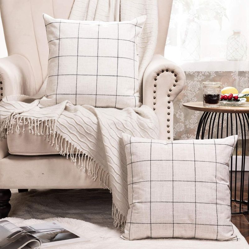 Photo 1 of Basic Model Set of 2 Plaid Throw Pillow Covers Modern Farmhouse Decorative Square Linen Pillow Case for Sofa Couch Bed 18 x 18 Inch, Beige