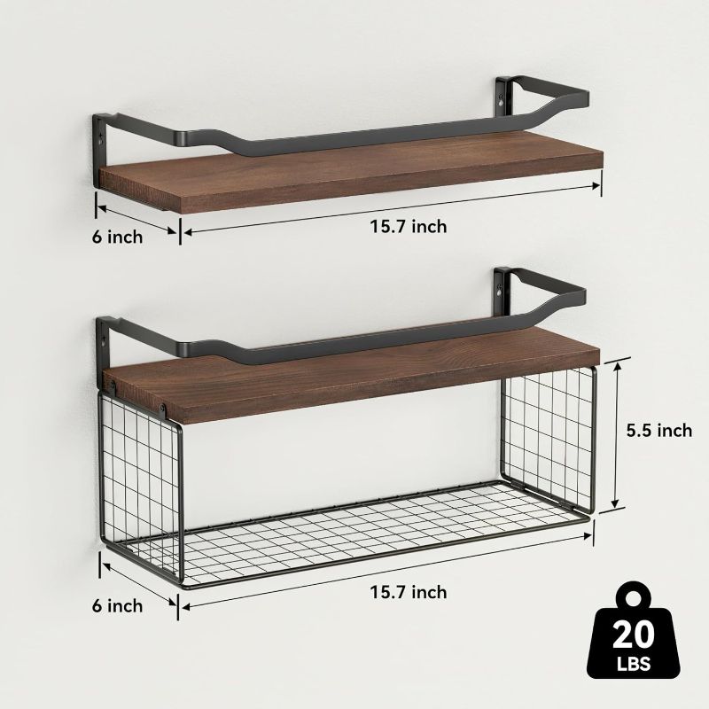 Photo 1 of WOPITUES Floating Shelves with Wire Storage Basket, Bathroom Shelves Over Toilet with Protective Metal Guardrail, Wood Wall Shelves for Bathroom, Bedroom, Living Room, Toilet Paper- Dark Brown