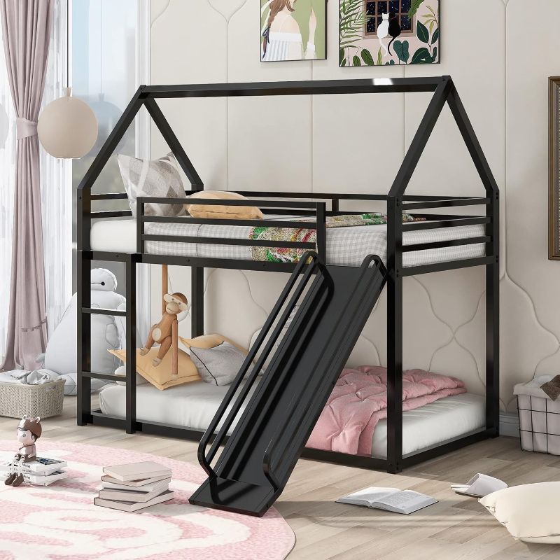 Photo 1 of Harper & Bright Designs Twin over Twin House Bunk Bed with Slide and Ladder, Metal Low Bunk Bed Frame for Kids Girls Boys - Black
