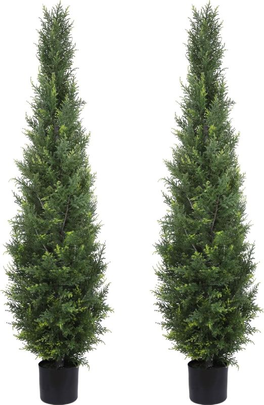 Photo 1 of Artificial Cedar Topiary Trees 5FT Potted Fake Cypress Trees Faux Evergreen Plants for Home Porch Garden Decor Set of 2