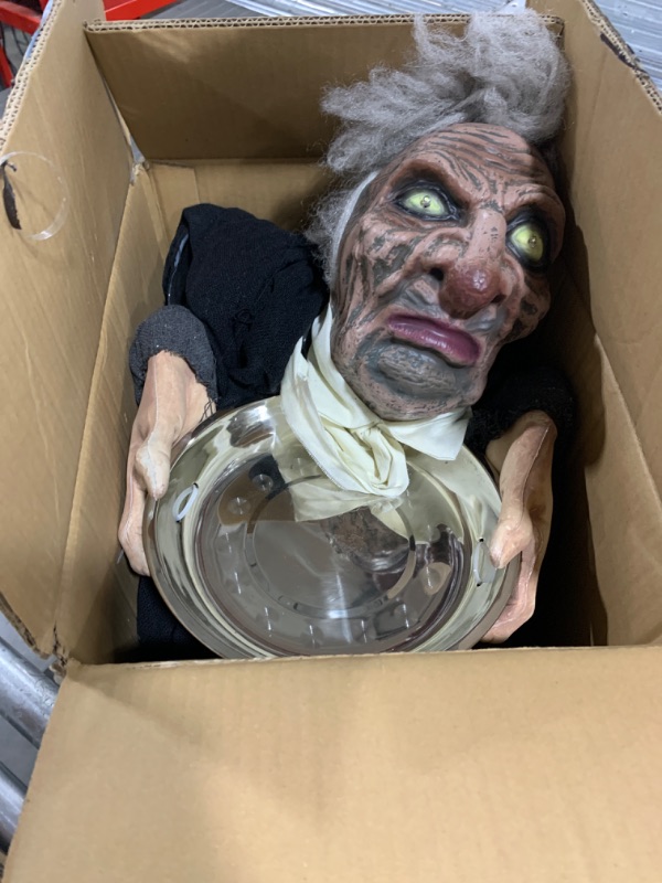 Photo 2 of Haunted Hill Farm Life-Size Halloween Animatronic, Zombie Butler Holding Tray with Touch Activated Motion and Lights, Indoor or Covered Outdoor Halloween Decorations, Battery Operated Halloween Props