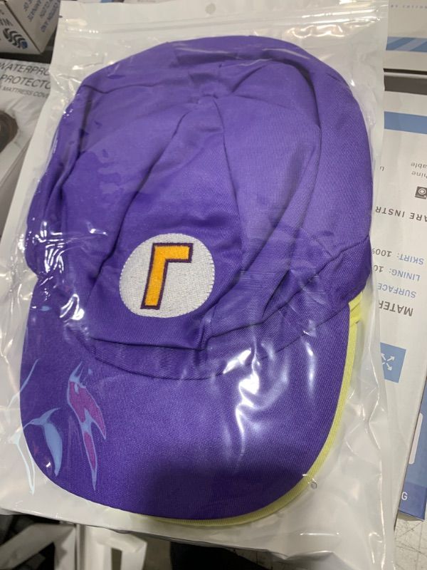 Photo 2 of Super Bros Hat Halloween Cosplay Costume Newsboy Hat for Kids Adults Party Favors 21.3-22.1Inch Purple and Yellow