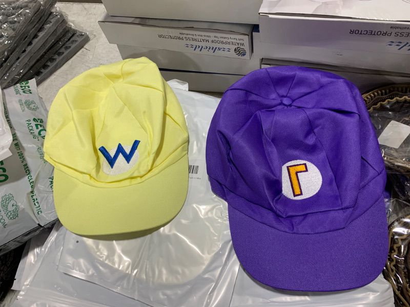 Photo 2 of Super Bros Hat Halloween Cosplay Costume Newsboy Hat for Kids Adults Party Favors 21.3-22.1Inch Purple and Yellow