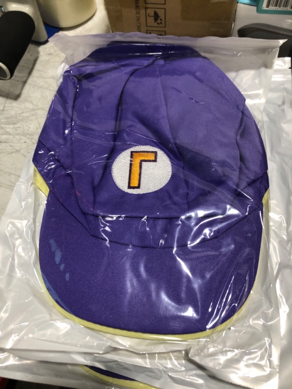 Photo 2 of Super Bros Hat Halloween Cosplay Costume Newsboy Hat for Kids Adults Party Favors 21.3-22.1Inch Purple and Yellow