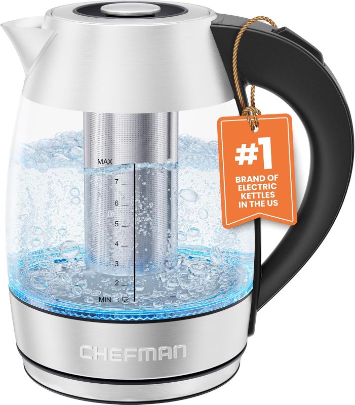 Photo 1 of Chefman Electric Kettle for Boiling Water, 1.8L 1500W, Removable Tea Infuser, Auto Shut Off, Boil-Dry Protection, BPA Free, Borosilicate Glass, Hot Water Boiler, Electric Tea Kettle - Stainless Steel
