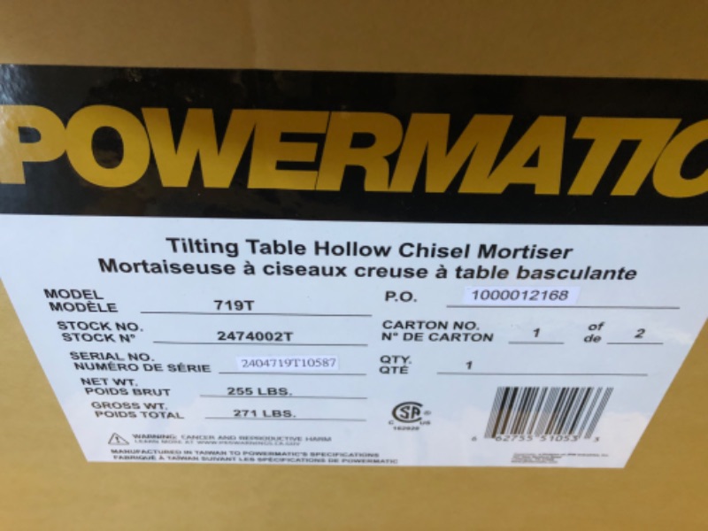 Photo 6 of **BOX 1 OF 2,INCOMPLETE SET**Powermatic Tilt Table Mortiser, 1" Chisel, 10-3/4" Stroke, 115/230V 1Ph (Model 719T)