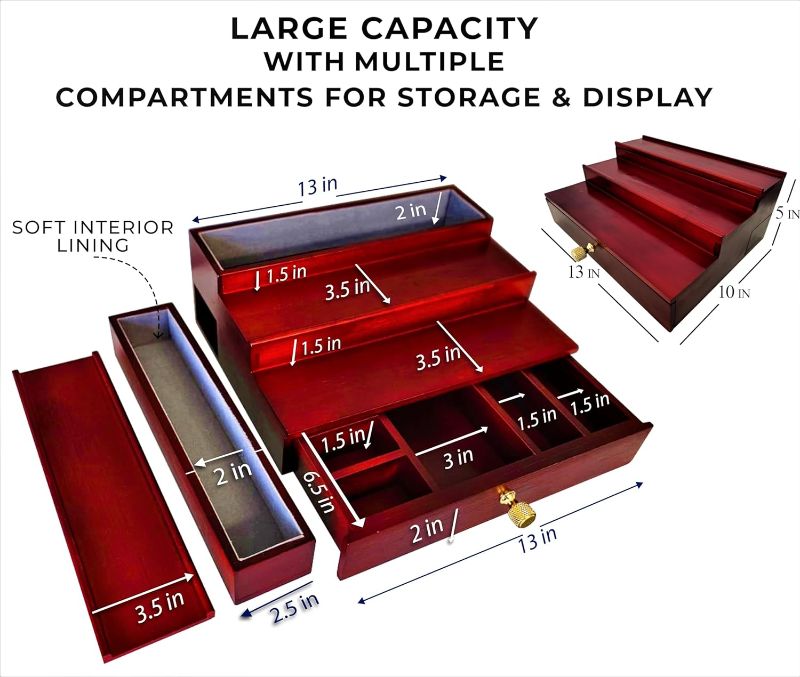 Photo 3 of (READ FULL POST) BUZZPER Cologne Organizer for Men - 3 Tier Wooden Cologne Stand for Men - Cologne Holder Display Shelf with Drawer 2 Felt Lined Hidden Compartment 1 Removable - Mens Cologne Organizer Gift Mahogany