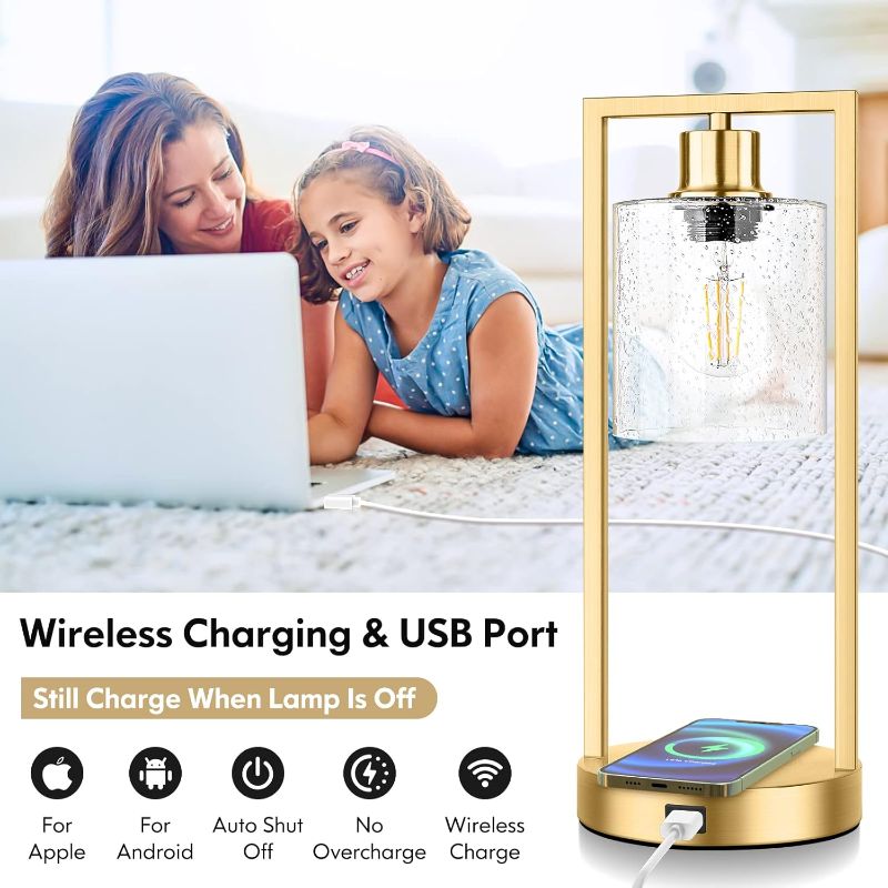 Photo 1 of (ONLY ONE LAMP) Gold Wireless Charging Lamps for Bedrooms Set of 2, Bedside Touch Table Lamps 3-Way Dimmable, Bubble Glass Lamp Sets for Living Room Nightstands End Tables Office, USB Port, E26 LED Bulbs Covered