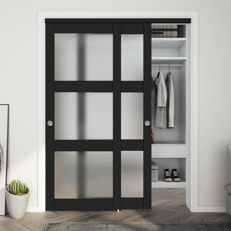 Photo 1 of ***USED - LIKELY MISSING PARTS - UNABLE TO TEST***
JUBEST 60"x 80" Sliding Closet Door, 3-Lite Frosted Glass Bypass Door with Hardware Kit & Matching Fascia, Pre-Drilled MDF Panel with Water-Proof PVC Surface, Easy to Install, Black