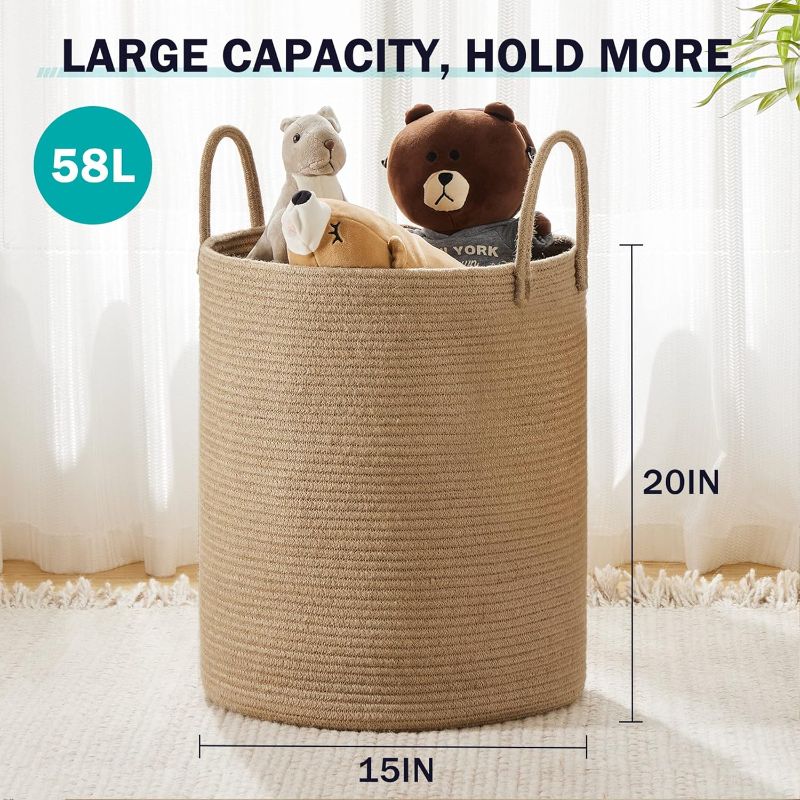 Photo 3 of (READ FULL POST) Jute Rope Laundry Hamper Basket by YOUDENOVA, 58L Tall Laundry Basket, Baby Nursery Hamper for Blanket Storage, Clothes Hamper for Laundry in Bedroom-Large-Jute