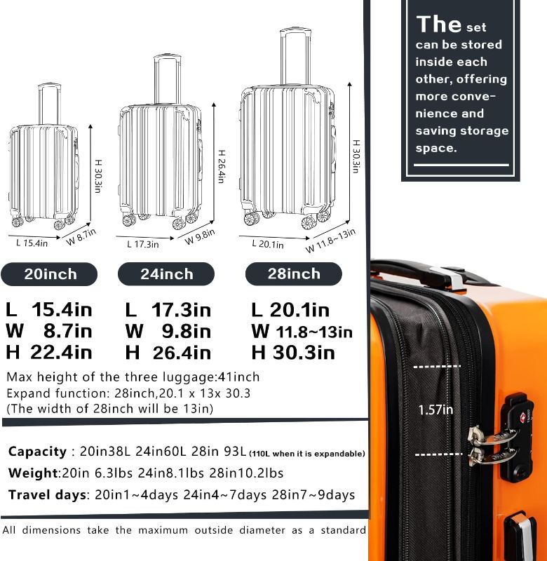 Photo 4 of (READ FULL POST) Coolife Luggage Expandable(only 28") Suitcase PC+ABS Spinner 20in 24in 28in Carry on (white grid new)