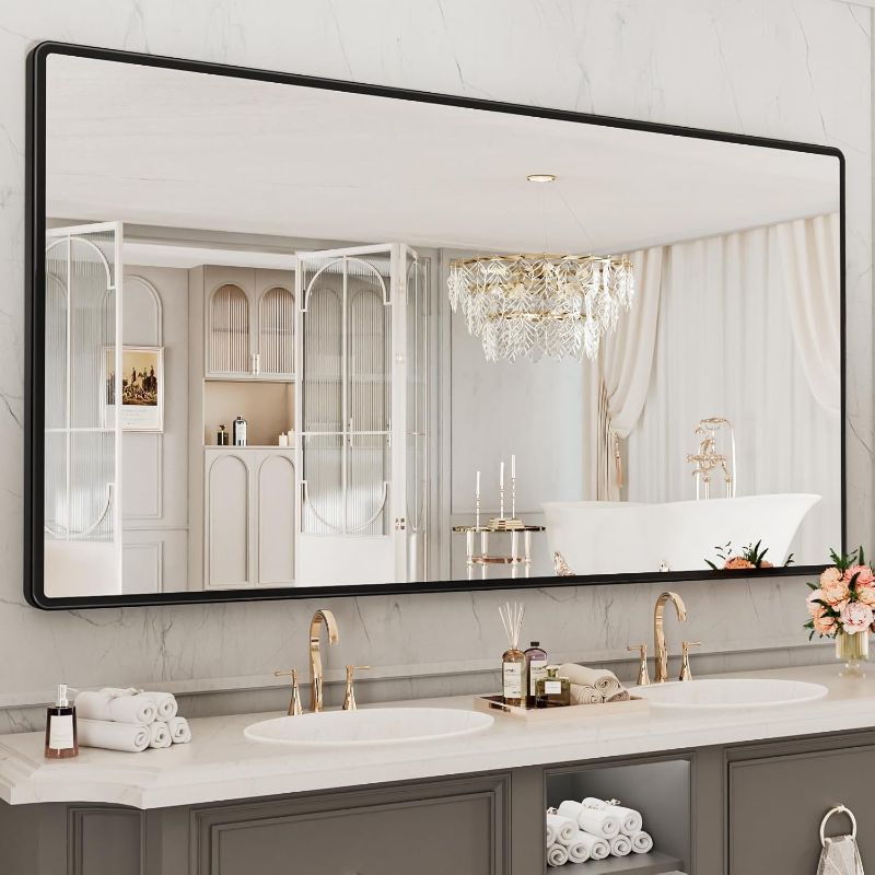 Photo 1 of ***STOCK PHOTO REFERENCE ONLY***
72x40 Inch Black Bathroom Mirror Wall Mounted, Rounded Rectangle Matte Black Framed Mirror, Black Bathroom 