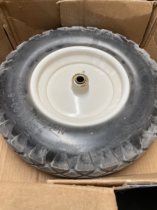 Photo 2 of **USED -DUSTY**
GICOOL 4.80/4.00-8" Wheelbarrow Tire, 16" Flat-Free Solid Tire and Wheel, 3-6" Centered Hub, 5/8" & 3/4" Bearing, For Broadcast Spreader Garden Wagon Cart Trolley Dolly (1 Pack)