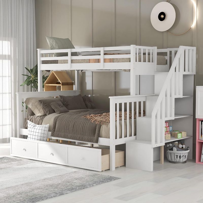 Photo 1 of ***STOCK PHOTO REFERENCE ONLY***Twin Over Full Bunk Bed with Stairs, Wood Bunk Bed Frame with Storage Drawers and Shelves, No Box Spring Needed, White