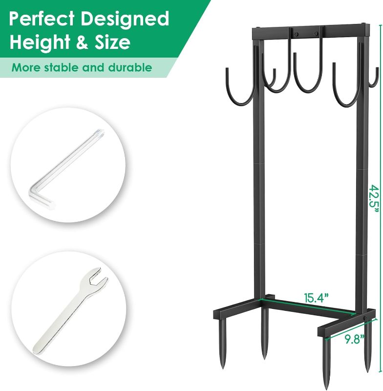 Photo 3 of (READ FULL POST) TomCare Garden Hose Holder Upgraded 4 Spikes Water Hose Holder with 2 Tool Hooks Sturdy Hose Reel Holds 150ft Hose Freestanding Hose Stand Hose Hanger Hose Storage for Outside Yard Lawn, Bronze