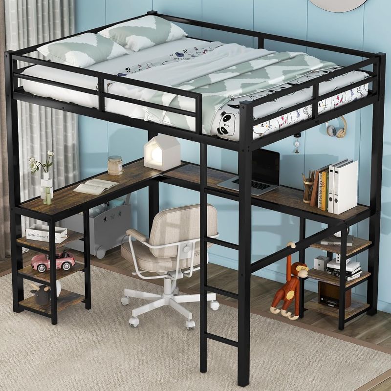 Photo 1 of ***INCOMPLETE/PARTIAL SET ITEM - NONREFUNDABLE - THIS SALE FINAL - SEE COMMENTS***
Full Size Loft Bed with Desk and Storage Shelves, Heavy Duty Metal Loft Bed with L-Shaped Desk and Ladder, Full Size Loft Bed for Kids, Teens, Black Loft Bed Full Size
