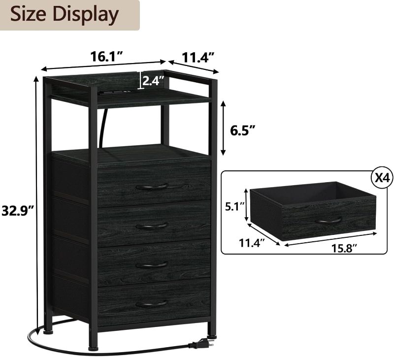 Photo 4 of (READ FULL POST) Furnulem Night Stand with Charging Station, Black Nightstand with Drawers and Led Light, Tall Dresser for Bedroom, Bedside Table with Fabric Storage Bins, Metal Frame, Wood Furniture
