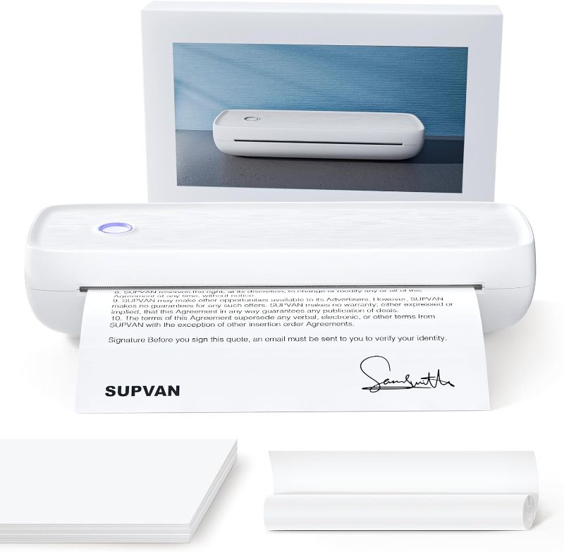 Photo 1 of ***STOCK PHOTO REFERENCE ONLY*** SUPVAN T200M Portable Printer Wireless for Travel, Bluetooth Inkless Printer with 300 DPI, Prints 400 Pages per Charge, Supports 8.5" X 11" US Letter, Compatible with iPhone, Android & Laptop