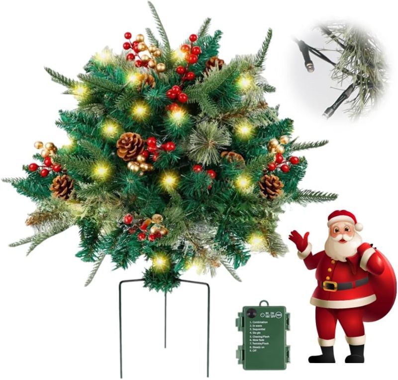 Photo 1 of *** FACTORY SEALED***OasisCraft Outdoor Christmas Tree Frosted Urn Filler, Pre-lit Artificial Xmas Tree with LED Lights, 18 Inch Small Christmas Tree with Cones & Red Berries