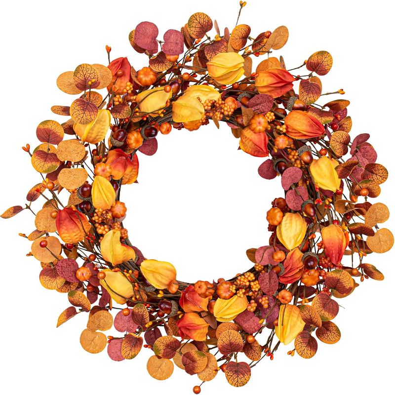 Photo 1 of ***STOCK PHOTO REFERENCE ONLY*** 20 Inches Fall Wreaths for Front Door Autumn Wreath Harvest Wreaths Eucalyptus Fall Wreath with Pumpkins for Thanksgiving Home Wall Windows Indoors Outdoor Porch
