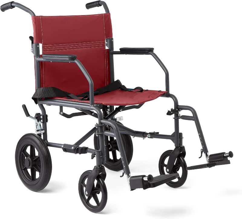 Photo 1 of  Steel Transport Chair - Full-Length Arms, Swing-Away Footrests, 12" Wheels - Gray/Burgundy - Durable & Convenient Mobility Aid