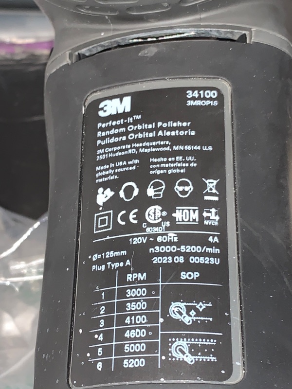 Photo 3 of ****POWERS ON***
3M Perfect-It Random Orbital Polisher, 34100, 15mm, 120V/60Hz, Variable Speed Control for Automotive Refinishing, Refining, Polishing