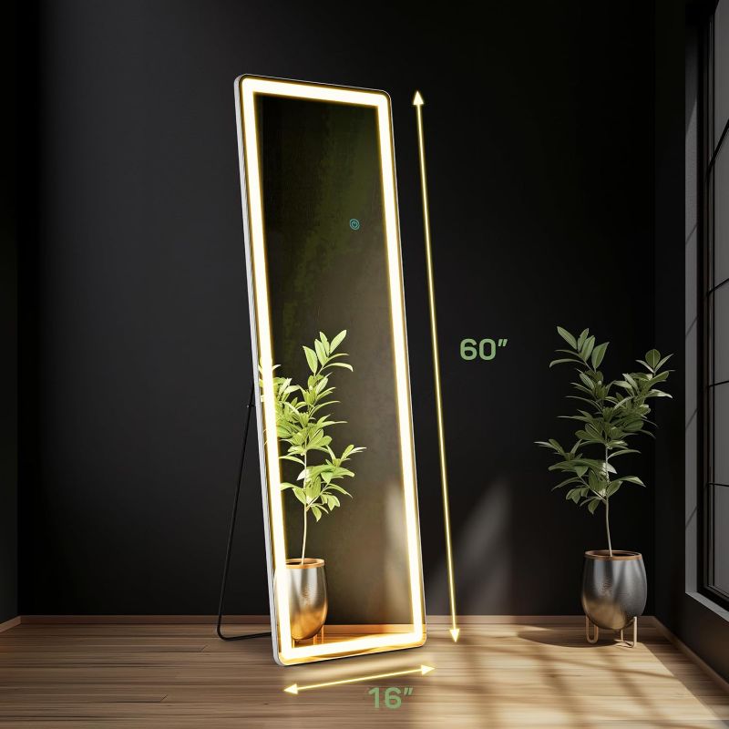 Photo 1 of ***POWERS ON - SURFACE SCRATCHED - NO BOX***
 Mirror Full Length with LED Lights, 16"x60" Body Wall Mirrors, Floor Standing, Hanging or Leaning, Tall Mirror with Stand Aluminum Alloy Frame, Dimmable 3-Color Lighting for Bedroom Cloakroom