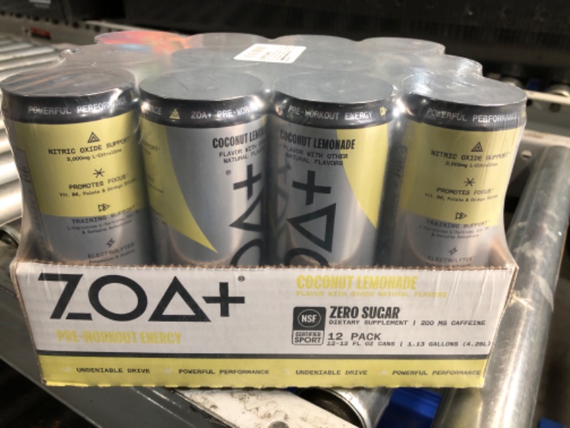 Photo 2 of (PALLET PICKUP ONLY  EXP: 12/02/2024 *** NON-REFUNDABLE***) ZOA+ Pre-Workout Energy Drink Supplement - NSF Certified for Sport with Zero Sugar, Nitric Oxide Support, B & D Vitamins, Amino Acids, and Electrolytes (Coconut Lemonade)