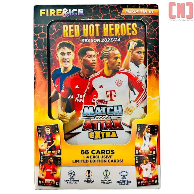 Photo 1 of ****NON-REFUNDABLE*** ***OPEN, MISSING CARDS - TIN DAMAGED**
Topps Match Attax Extra 2023/24 - Fire & Ice "Red Hot Heroes" Mega Tin 66 Cards