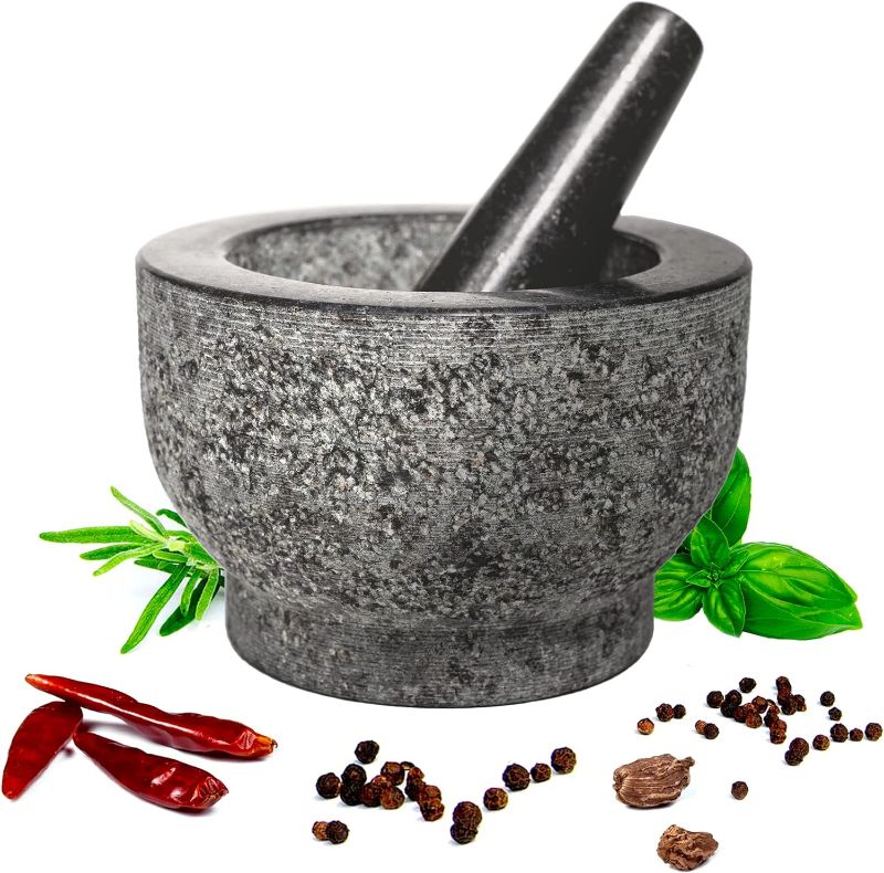 Photo 1 of ***STOCK PHOTO FOR REFERENCE ONLY*** HiCoup Kitchenware Mortar and Pestle - 6 Inch Stone Cup and Crusher Set - Large Capacity, Natural Granite Pestles for Herbs, Spices, Pesto, and Guacamole - Unpolished, Non-Porous, Dishwasher Safe Grinder - Kitchen Acce